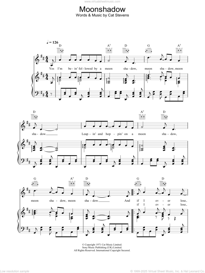 Moonshadow sheet music for voice, piano or guitar by Cat Stevens, intermediate skill level