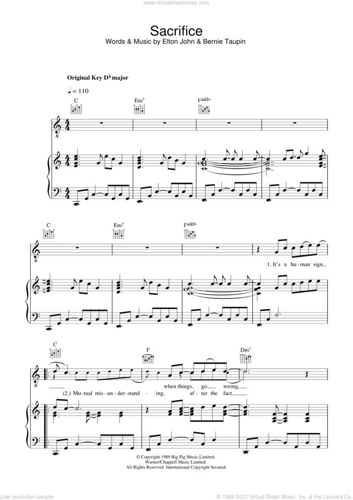 Sacrifice sheet music for voice, piano or guitar by Elton John and Bernie Taupin, intermediate skill level