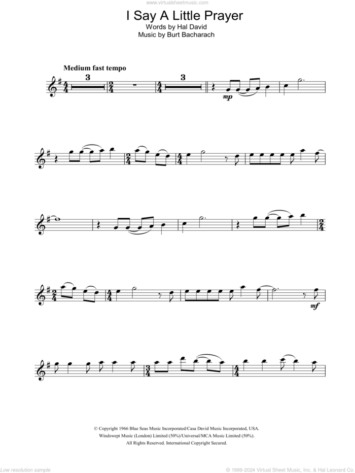 I Say A Little Prayer sheet music for alto saxophone solo by Bacharach & David, Promises, Promises (Musical), Burt Bacharach and Hal David, intermediate skill level