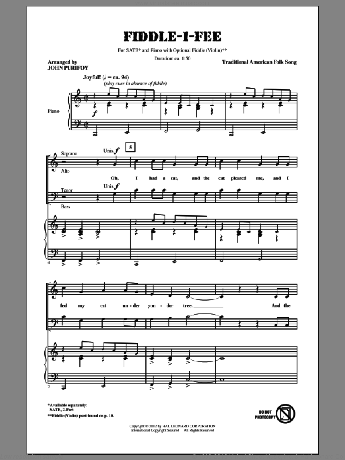 Fiddle-I-Fee sheet music for choir (SATB: soprano, alto, tenor, bass) by John Purifoy, intermediate skill level
