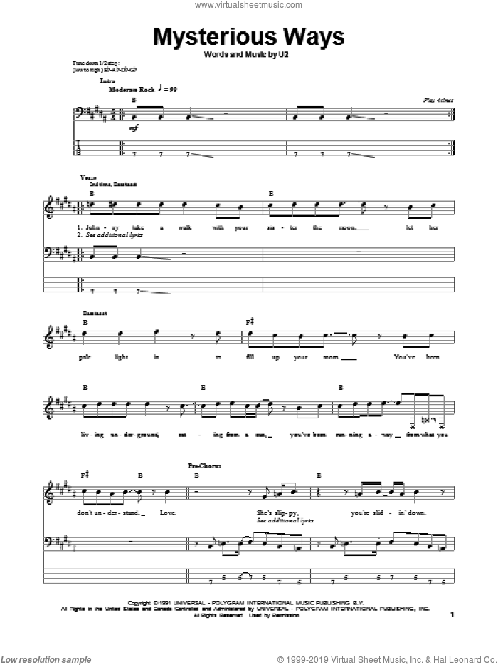 Mysterious Ways sheet music for bass (tablature) (bass guitar) by U2, Bono and The Edge, intermediate skill level