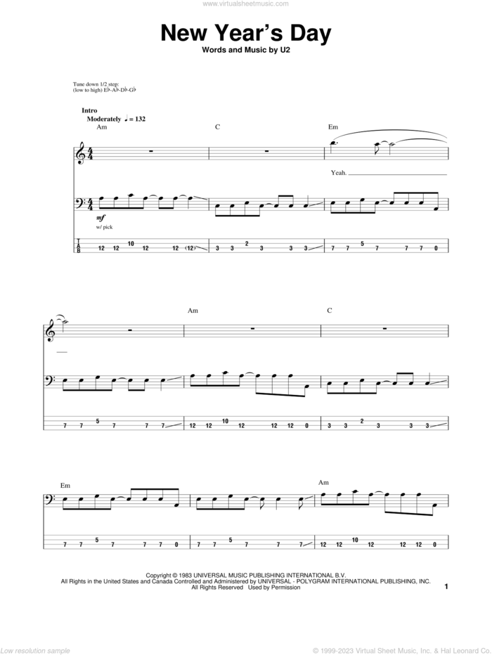 New Year's Day sheet music for bass (tablature) (bass guitar) by U2, intermediate skill level