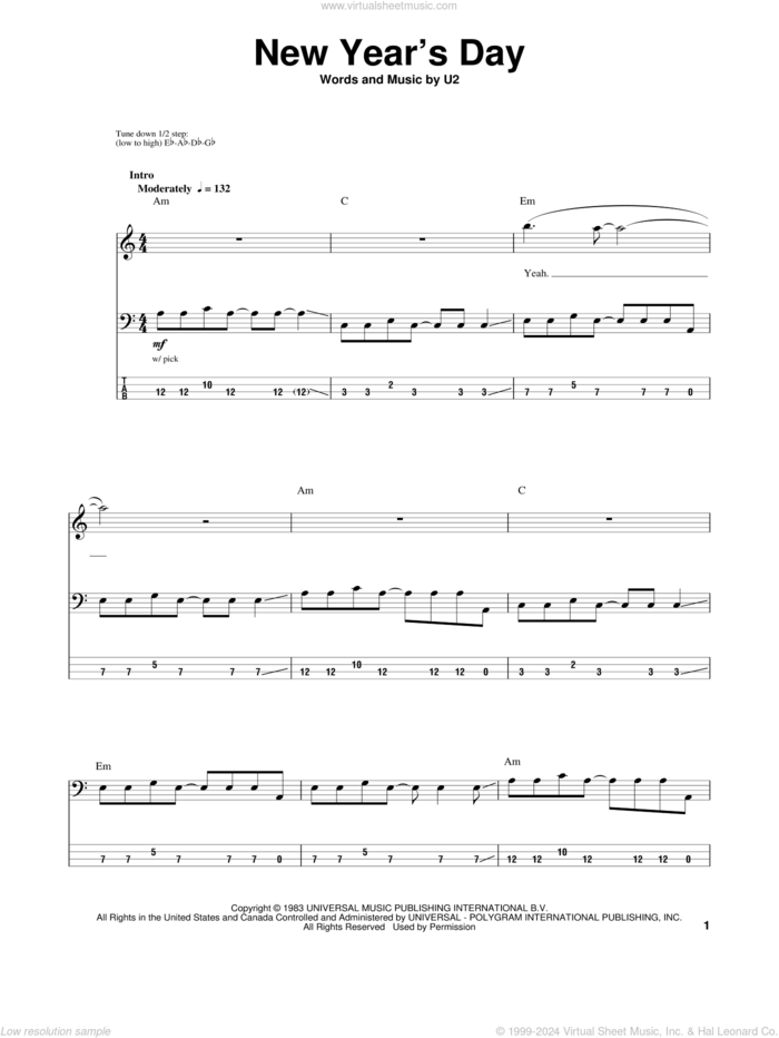 New Year's Day sheet music for bass (tablature) (bass guitar) by U2, intermediate skill level