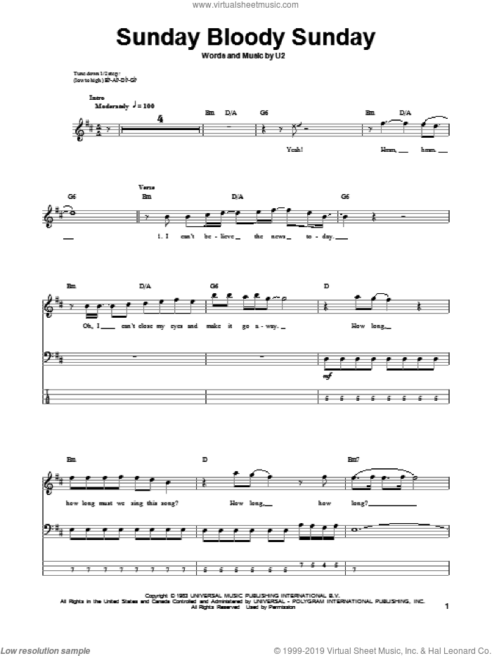 Sunday Bloody Sunday sheet music for bass (tablature) (bass guitar) by U2, intermediate skill level