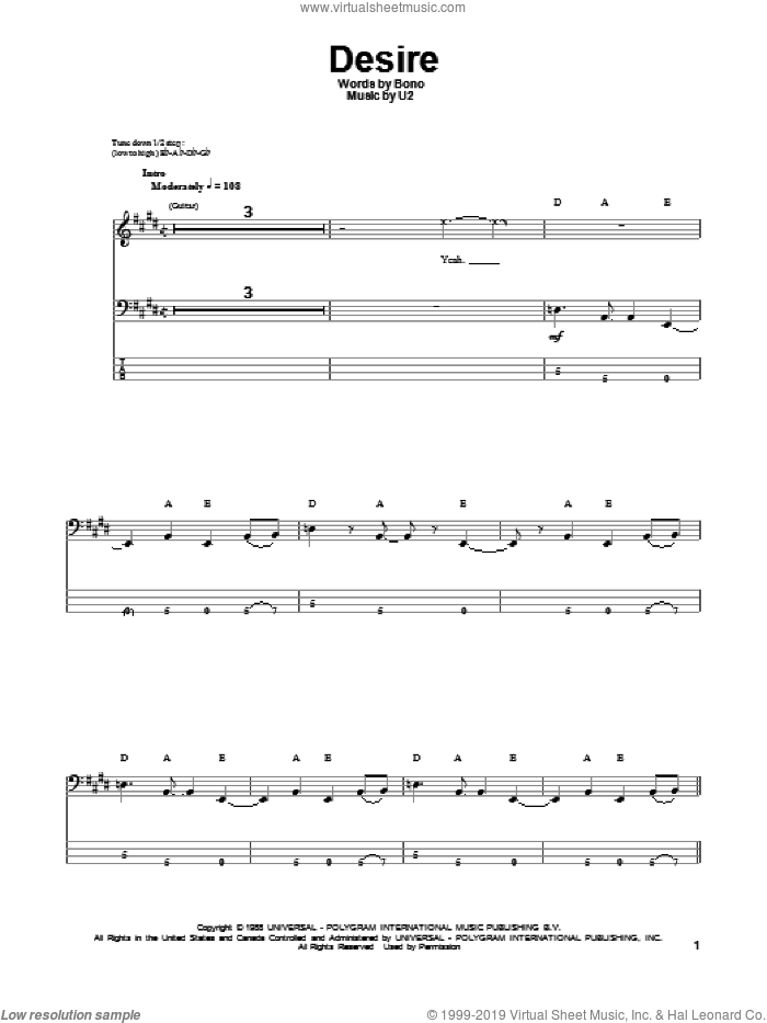 Desire sheet music for bass (tablature) (bass guitar) by U2 and Bono, intermediate skill level