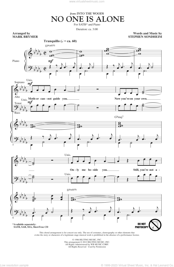 No One Is Alone - Part I sheet music for choir (SATB: soprano, alto, tenor, bass) by Stephen Sondheim, Into The Woods (Musical) and Mark Brymer, intermediate skill level