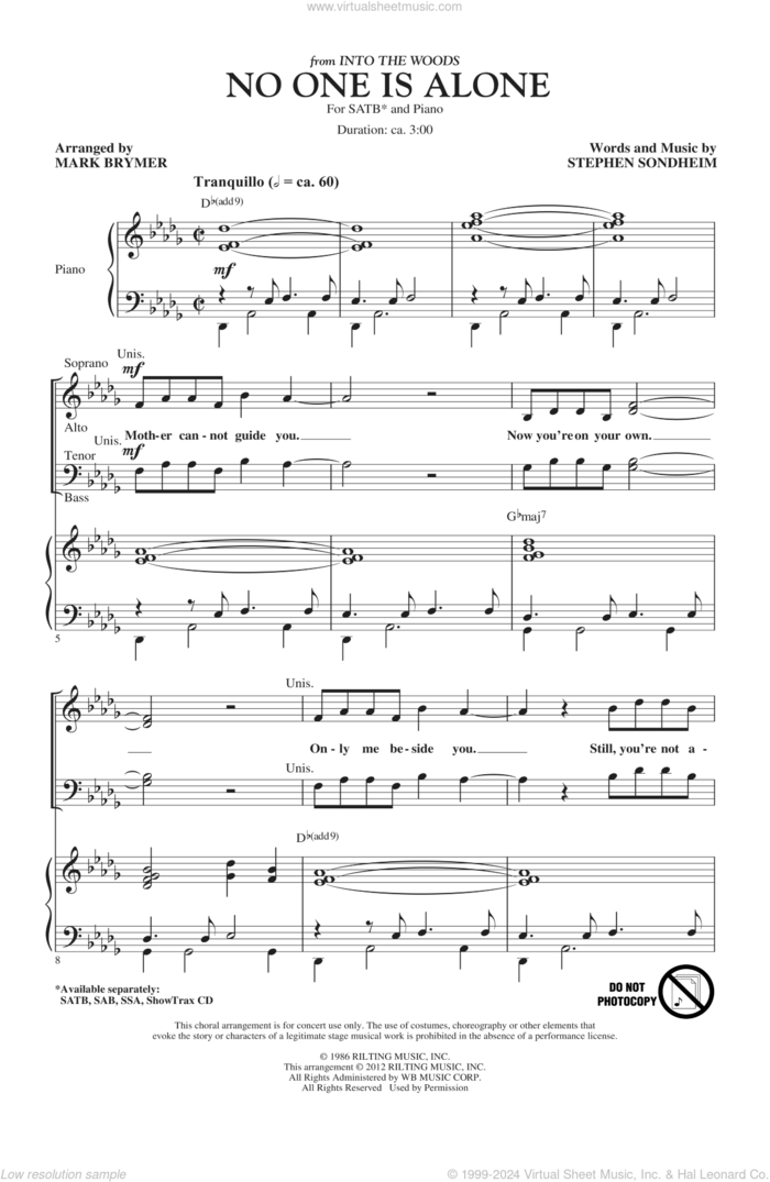 No One Is Alone - Part I sheet music for choir (SATB: soprano, alto, tenor, bass) by Stephen Sondheim, Into The Woods (Musical) and Mark Brymer, intermediate skill level