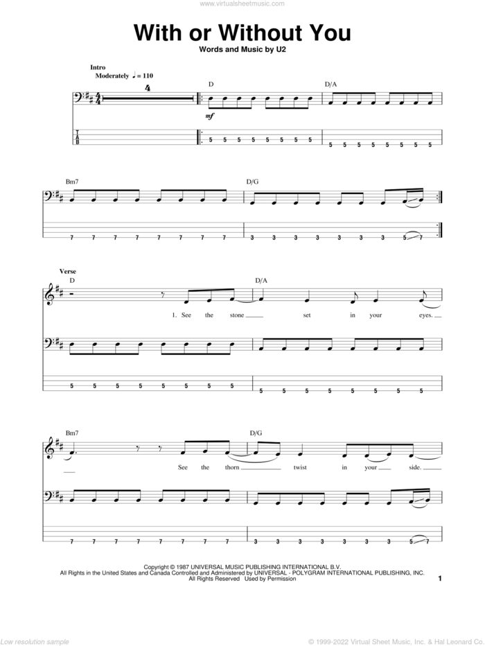 With Or Without You sheet music for bass (tablature) (bass guitar) by U2, intermediate skill level