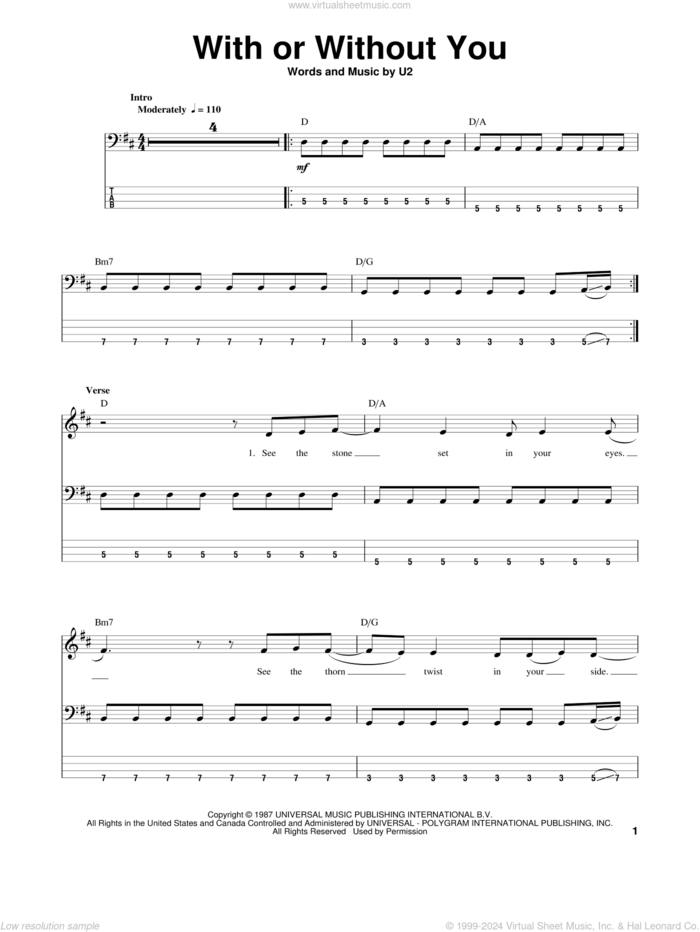 With Or Without You sheet music for bass (tablature) (bass guitar) by U2, intermediate skill level