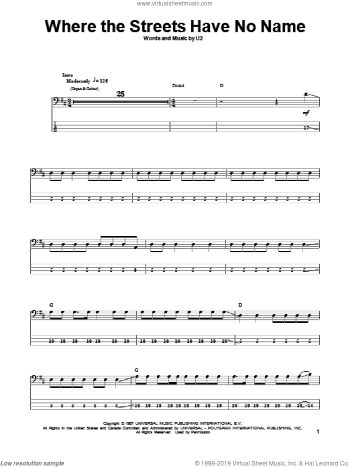 Where The Streets Have No Name sheet music for bass (tablature) (bass guitar) by U2, intermediate skill level