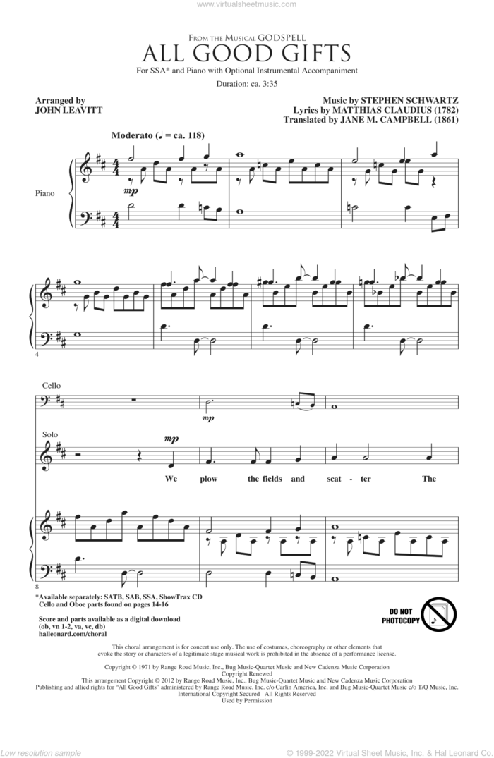 All Good Gifts sheet music for choir (SSA: soprano, alto) by Stephen Schwartz, Godspell (Musical) and John Leavitt, intermediate skill level
