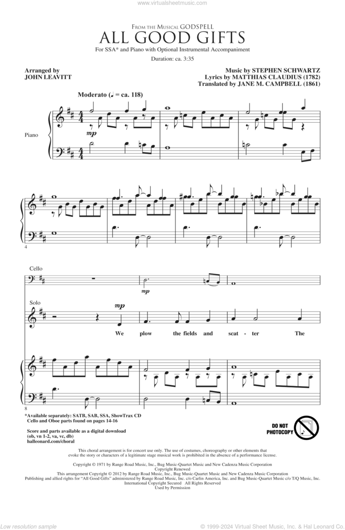 All Good Gifts sheet music for choir (SSA: soprano, alto) by Stephen Schwartz, Godspell (Musical) and John Leavitt, intermediate skill level