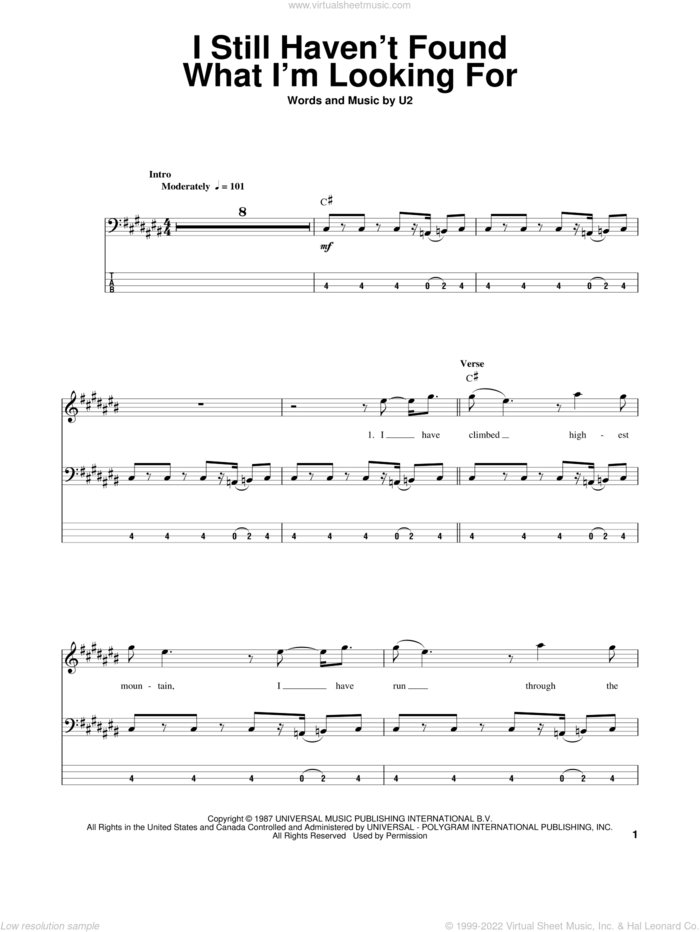 I Still Haven't Found What I'm Looking For sheet music for bass (tablature) (bass guitar) by U2, intermediate skill level