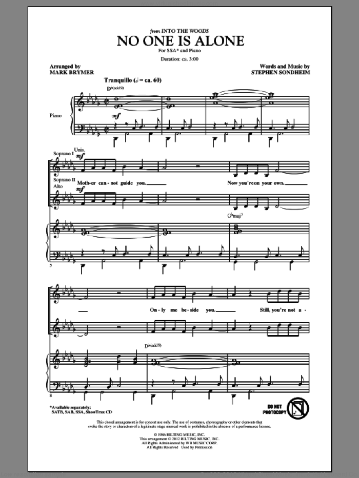 No One Is Alone - Part I sheet music for choir (SSA: soprano, alto) by Stephen Sondheim, Into The Woods (Musical) and Mark Brymer, intermediate skill level