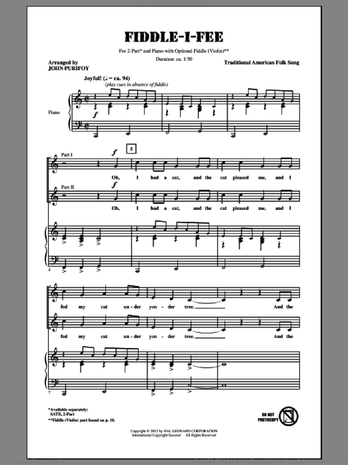 Fiddle-I-Fee sheet music for choir (2-Part) by John Purifoy, intermediate duet