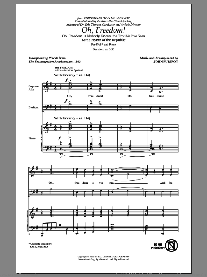 Oh, Freedom! (Medley) sheet music for choir (SAB: soprano, alto, bass) by John Purifoy, intermediate skill level