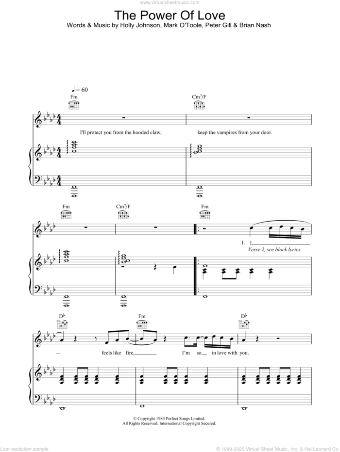 The Power Of Love sheet music for voice, piano or guitar by Peter Gill, Brian Nash and Holly Johnson, intermediate skill level