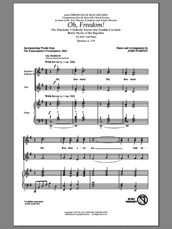 Oh, Freedom! (Medley) sheet music for choir (SSA: soprano, alto) by John Purifoy, intermediate skill level