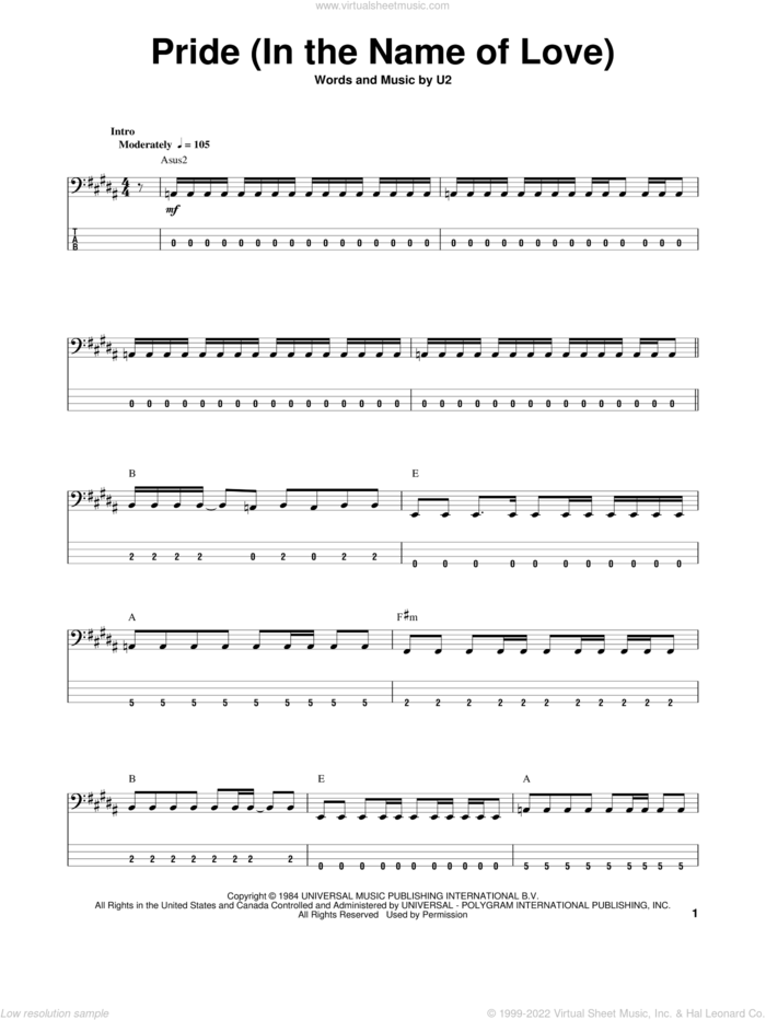 Pride (In The Name Of Love) sheet music for bass (tablature) (bass guitar) by U2, intermediate skill level