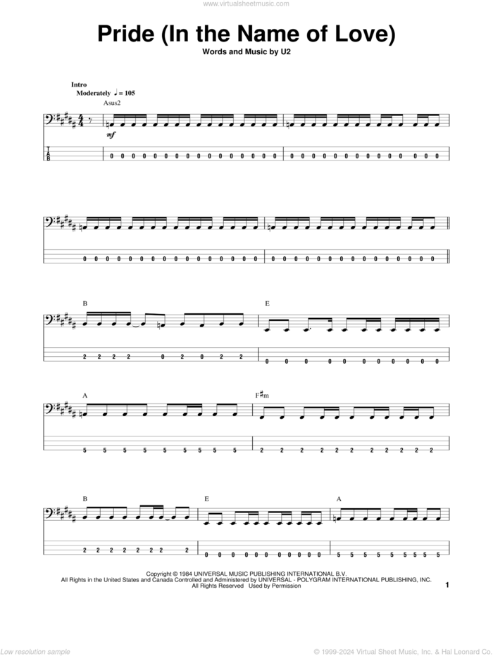 Pride (In The Name Of Love) sheet music for bass (tablature) (bass guitar) by U2, intermediate skill level