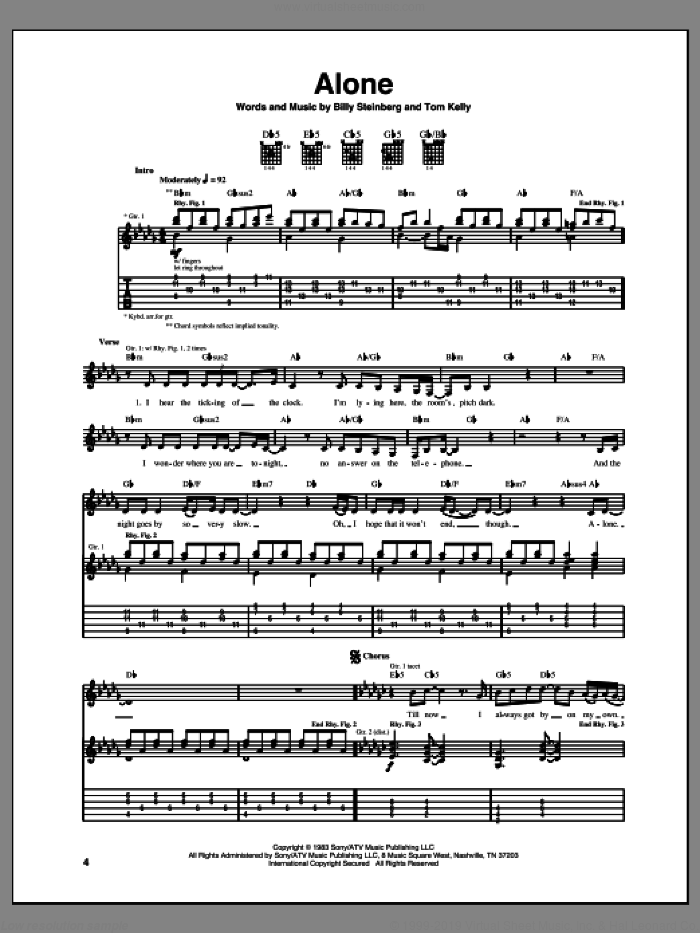 Alone sheet music for guitar (tablature) by Heart, Billy Steinberg and Tom Kelly, intermediate skill level