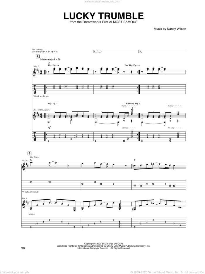 Lucky Trumble sheet music for guitar (tablature) by Heart, Cameron Crowe and Nancy Wilson, intermediate skill level