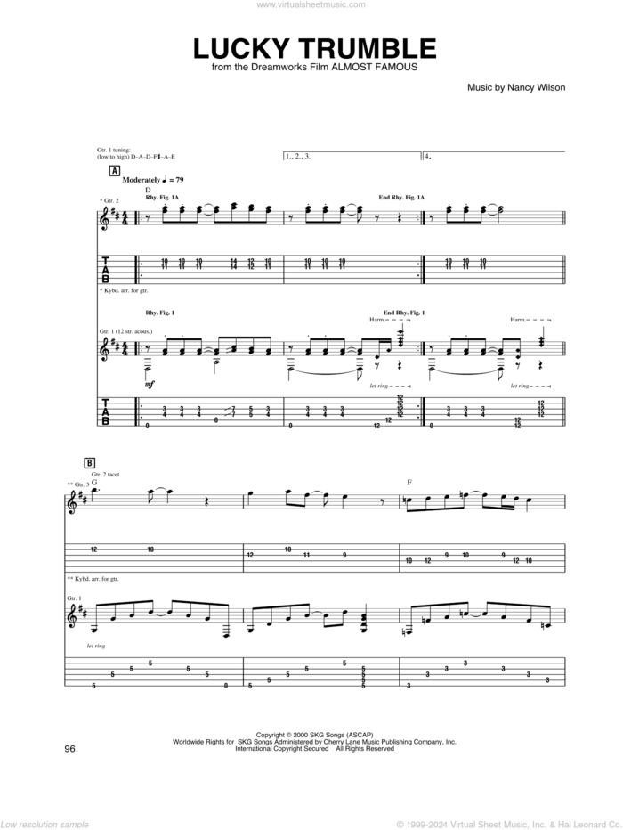 Lucky Trumble sheet music for guitar (tablature) by Heart, Cameron Crowe and Nancy Wilson, intermediate skill level