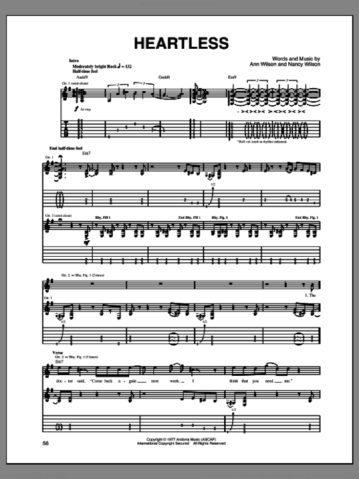 Heartless sheet music for guitar (tablature) by Heart, Ann Wilson and Nancy Wilson, intermediate skill level
