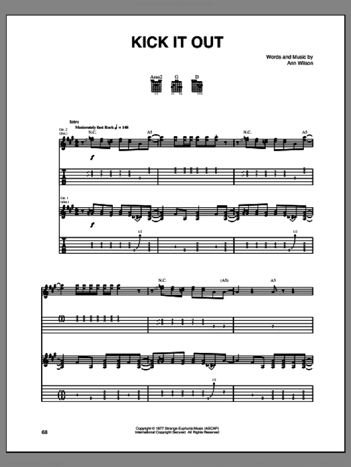 Kick It Out sheet music for guitar (tablature) by Heart and Ann Wilson, intermediate skill level