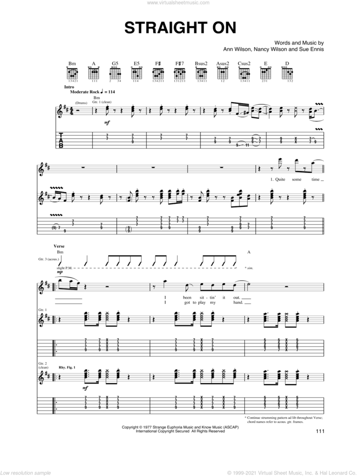 Straight On sheet music for guitar (tablature) by Heart, Ann Wilson, Nancy Wilson and Sue Ennis, intermediate skill level