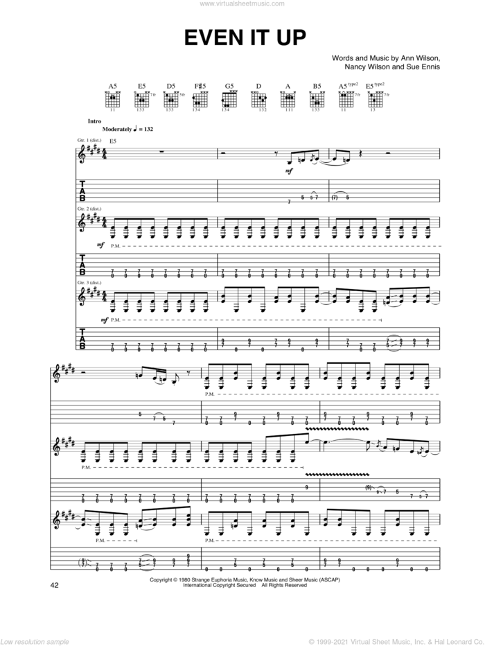 Even It Up sheet music for guitar (tablature) by Heart, Ann Wilson, Nancy Wilson and Sue Ennis, intermediate skill level