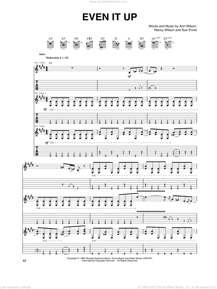 Even It Up sheet music for guitar (tablature) by Heart, Ann Wilson, Nancy Wilson and Sue Ennis, intermediate skill level