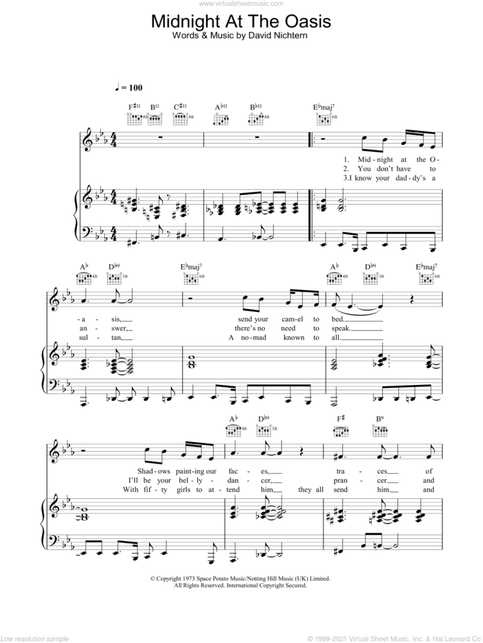 Midnight At The Oasis sheet music for voice, piano or guitar by Maria Muldaur and David Nichtern, intermediate skill level