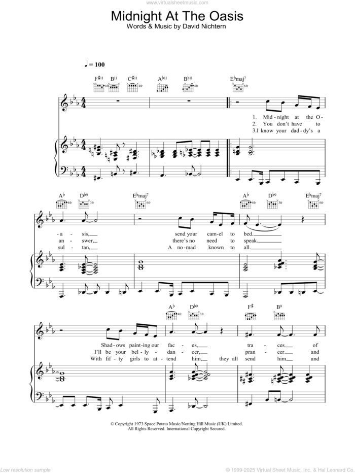 Midnight At The Oasis sheet music for voice, piano or guitar by Maria Muldaur and David Nichtern, intermediate skill level