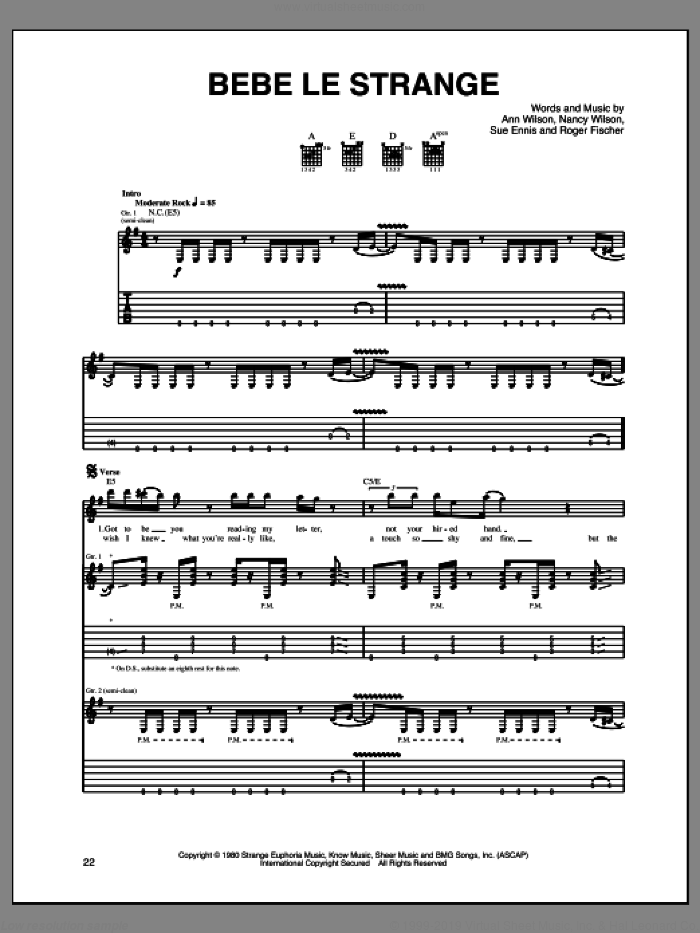 Bebe Le Strange sheet music for guitar (tablature) by Heart, Ann Wilson, Nancy Wilson, Roger Fisher and Sue Ennis, intermediate skill level