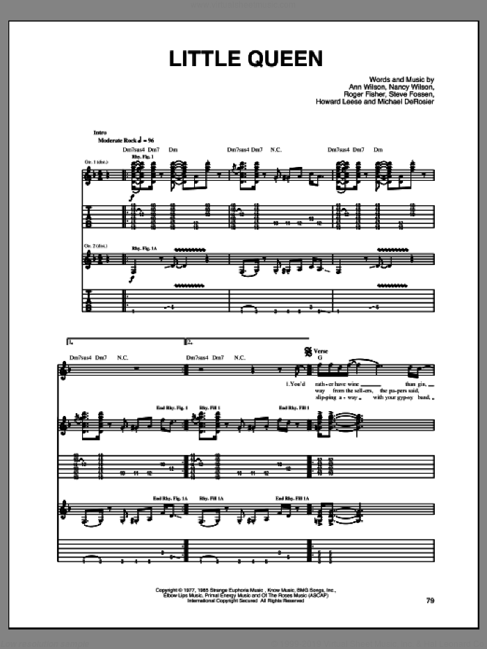 Little Queen sheet music for guitar (tablature) by Heart, Ann Wilson, Howard Leese, Michael Derosier, Nancy Wilson, Roger Fisher and Steve Fossen, intermediate skill level