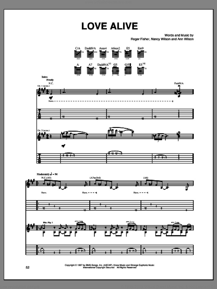 Love Alive sheet music for guitar (tablature) by Heart, Ann Wilson, Nancy Wilson and Roger Fisher, intermediate skill level