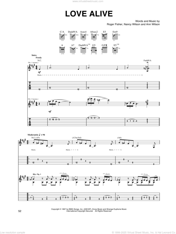 Love Alive sheet music for guitar (tablature) by Heart, Ann Wilson, Nancy Wilson and Roger Fisher, intermediate skill level