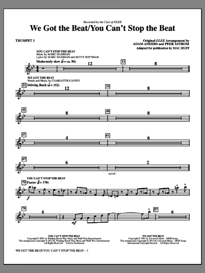 We Got The Beat / You Can't Stop The Beat (complete set of parts) sheet music for orchestra/band by Mac Huff, Adam Anders, Glee Cast, Miscellaneous and Peer Astrom, intermediate skill level