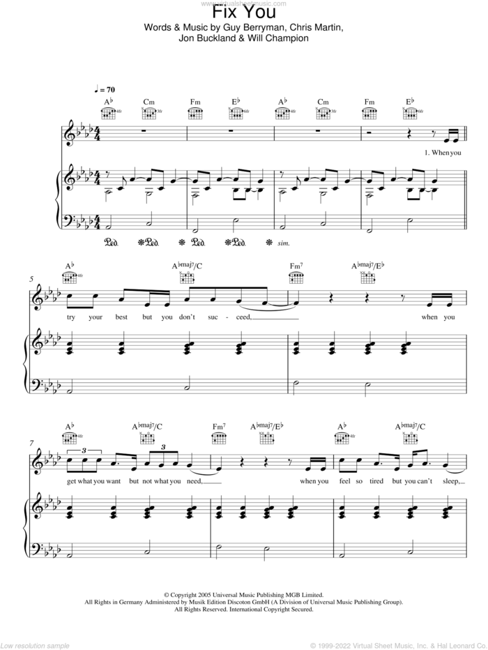 Fix You sheet music for voice, piano or guitar by Military Wives, Coldplay, Chris Martin, Guy Berryman, Jon Buckland and Will Champion, intermediate skill level