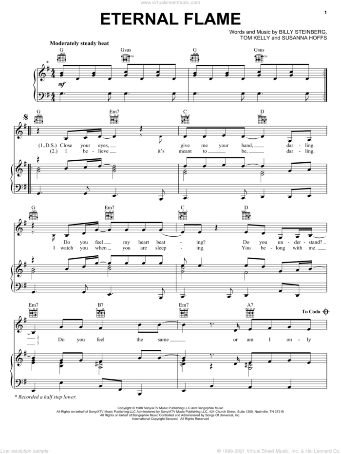 Eternal Flame sheet music for voice, piano or guitar by The Bangles, Billy Steinberg, Susanna Hoffs and Tom Kelly, wedding score, intermediate skill level