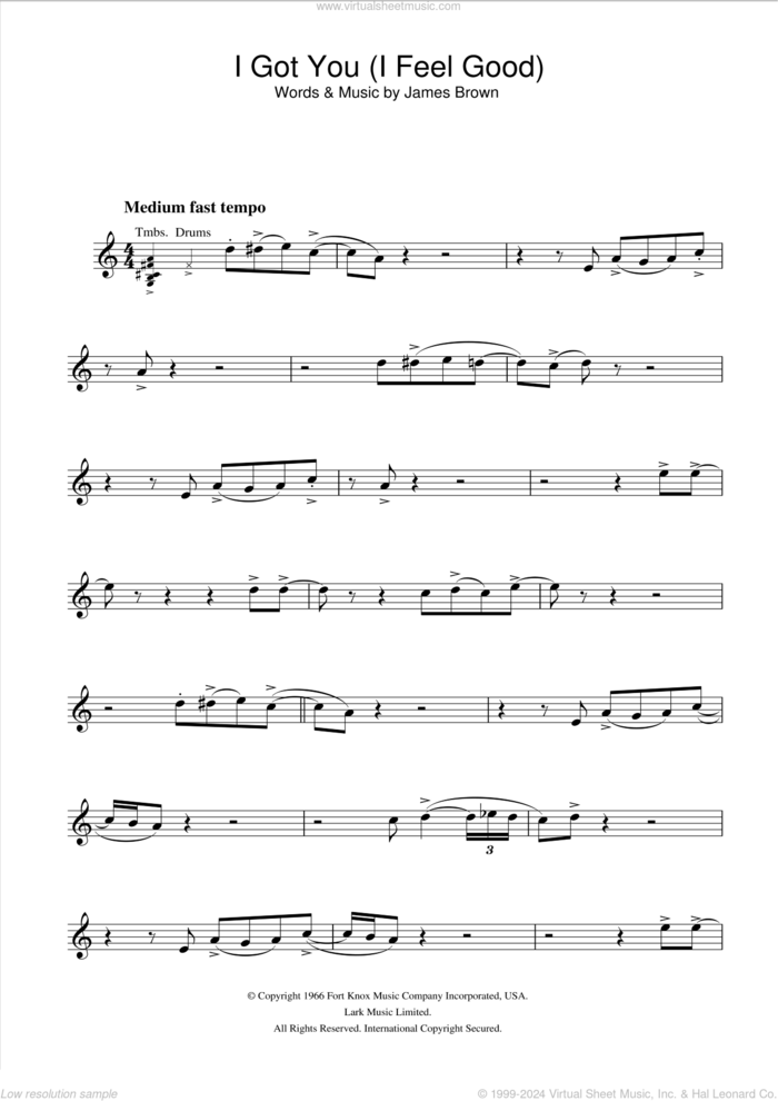 I Got You (I Feel Good) sheet music for alto saxophone solo by James Brown, intermediate skill level