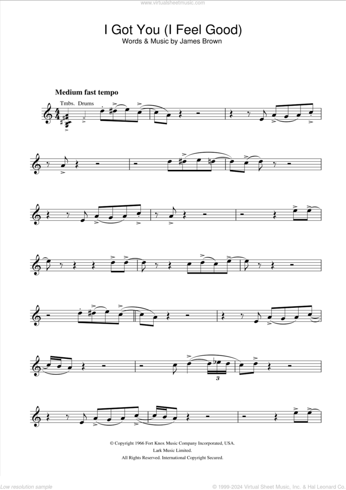 I Got You (I Feel Good) sheet music for alto saxophone solo by James Brown, intermediate skill level