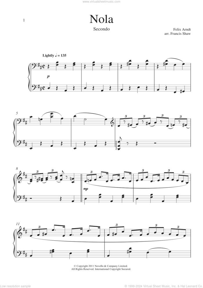 Nola sheet music for piano four hands by Francis Shaw and Felix Arndt, classical score, intermediate skill level