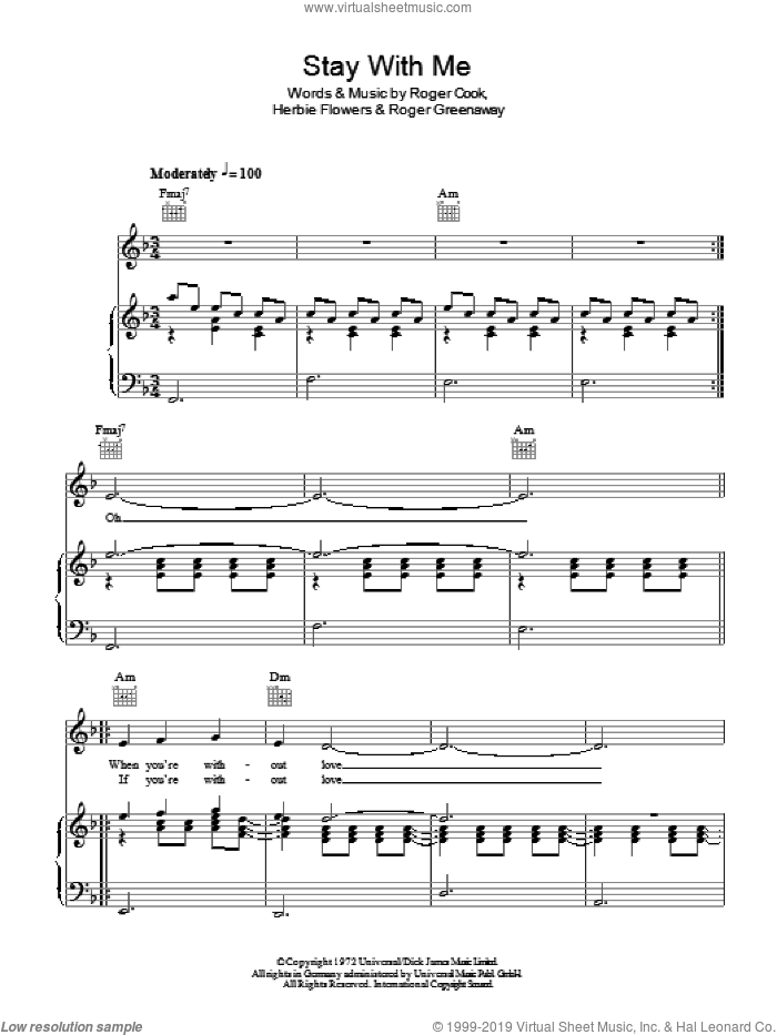 Stay With Me sheet music for voice, piano or guitar by Blue Mink, Herbie Flowers, Roger Cook and Roger Greenaway, intermediate skill level