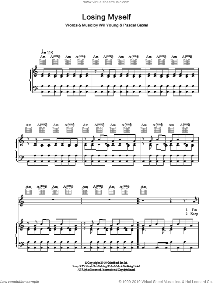 Losing Myself sheet music for voice, piano or guitar by Will Young and Pascal Gabriel, intermediate skill level