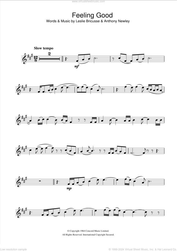 Feeling Good sheet music for alto saxophone solo by Nina Simone, Anthony Newley and Leslie Bricusse, intermediate skill level