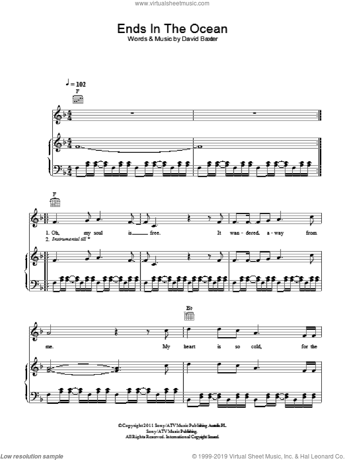 Ends In The Ocean sheet music for voice, piano or guitar by Avalanche City and David Baxter, intermediate skill level