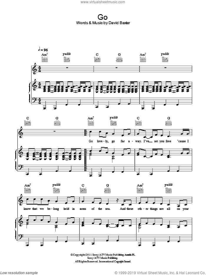 Go sheet music for voice, piano or guitar by Avalanche City and David Baxter, intermediate skill level
