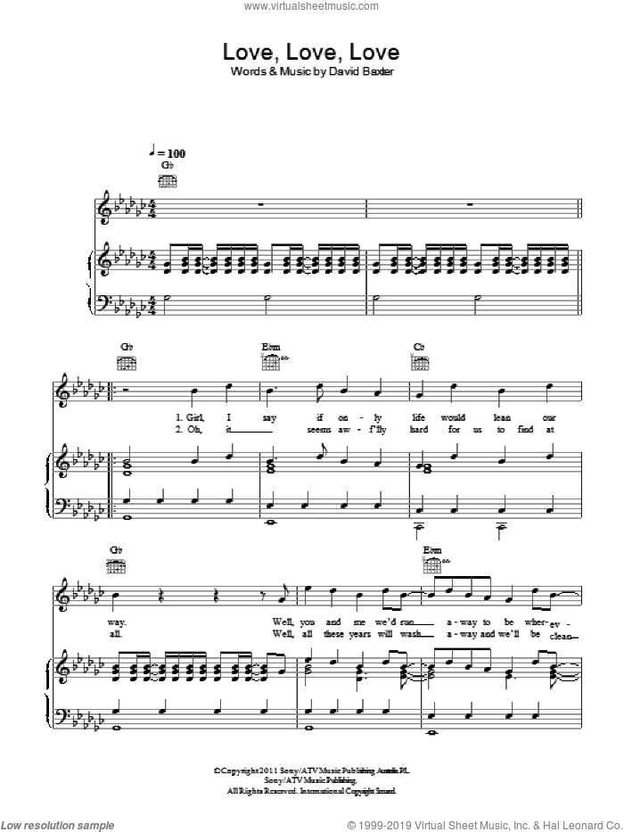 Love, Love, Love sheet music for voice, piano or guitar by Avalanche City and David Baxter, intermediate skill level